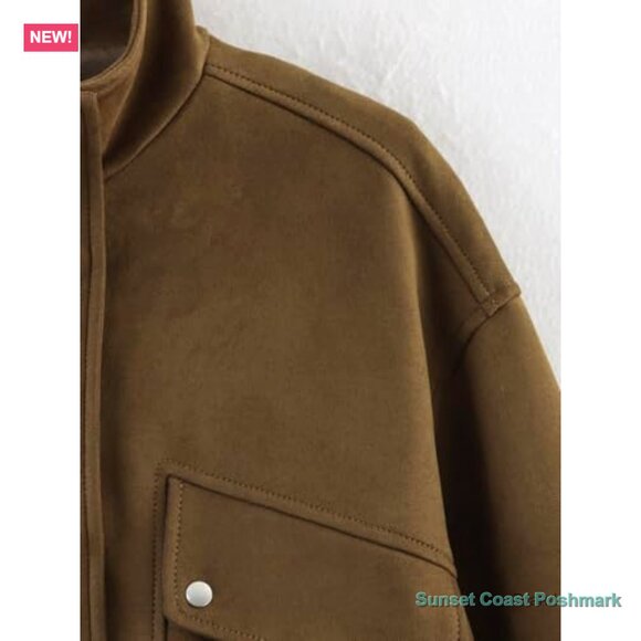 Faux Suede Bomber Jacket Cropped High Neck Zipper Outerwear - Picture 2 of 7